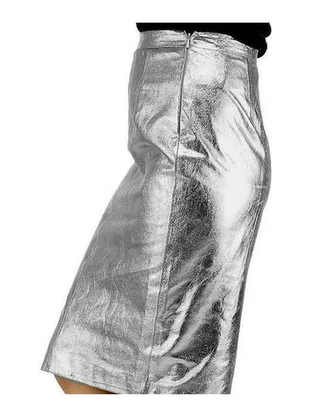 NOORA Women Leather Skirt Genuine Real Lambskin Leather Silver Knee Skirt QD829 — skirt-focused 2880 × 3840 studio hero — Noora International