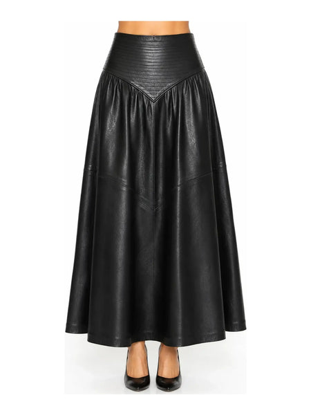NOORA Women's Black Pleated Midi Leather Skirt – SJ141 — skirt-focused 2880 × 3840 studio hero — Noora International