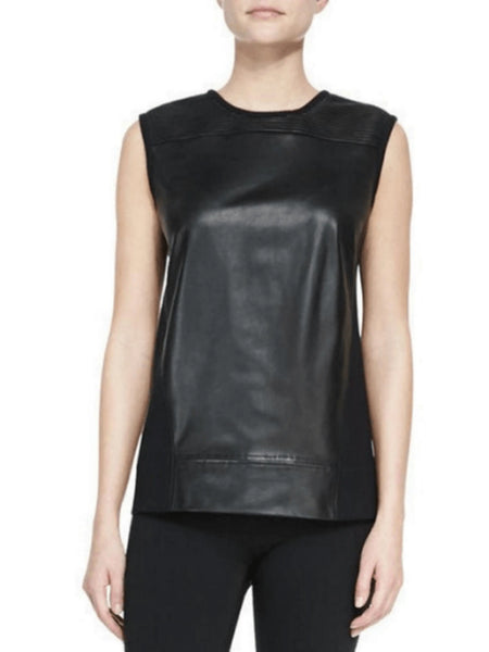 Women's black sleeveless leather tank top on model, front hero view