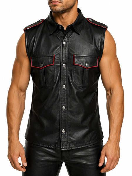 Men's leather vest on male model — 2880 × 3840 studio hero — Noora International