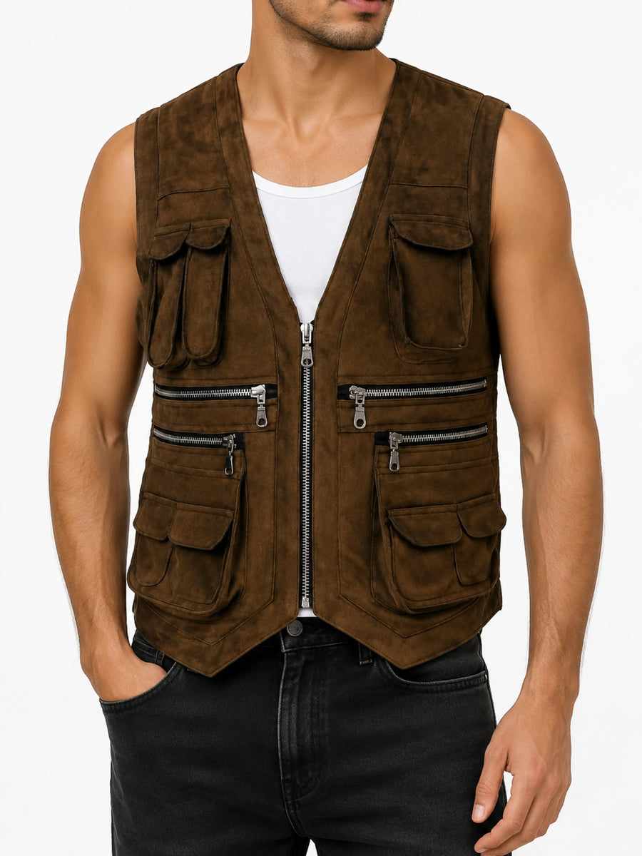 Mens Brown Military Style Suede Vest Coat, Dark Brown Multiple Pocket & Zipper Suede Leather Vest