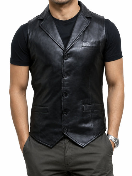 Men's leather vest on male model — 2880 × 3840 studio hero — Noora International