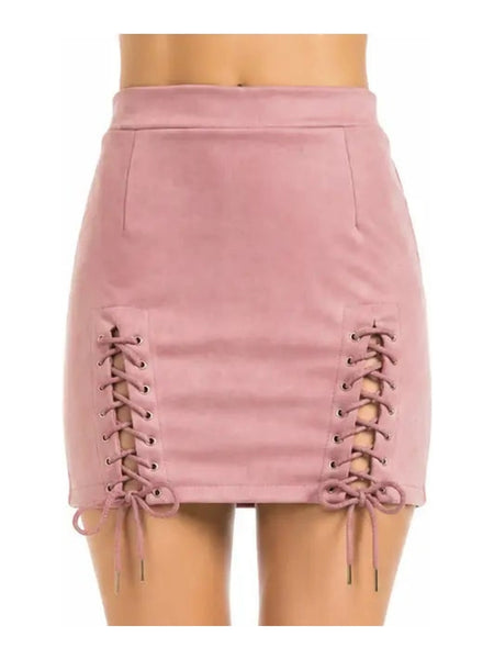 NOORA Womens Real Lambskin Baby Pink Suede Skirt With Braided | Above Knee Skirt | Slim Fit Skirt | ST0109 — skirt-focused 2880 × 3840 studio hero — Noora International