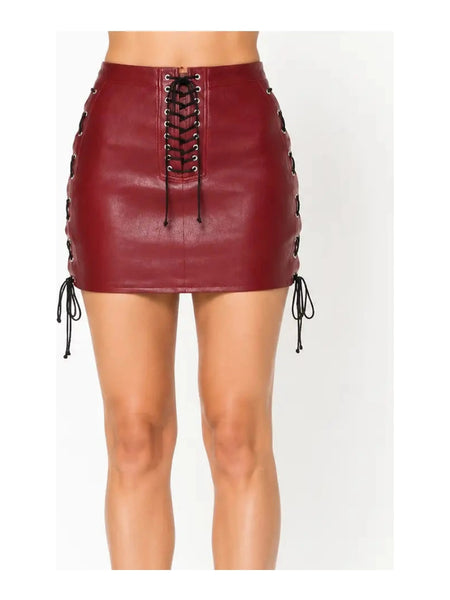 NOORA Womens Real Lambskin Burgundy Leather Skirt , High Waisted Booty Mini Shorts With Braided |  Side Lace Up | ST0112 — skirt-focused 2880 × 3840 studio hero — Noora International