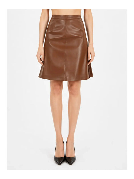 NOORA Handmade Womens Brown Lambskin Leather Skirt , Casual Wear | Above Knee Skirt | Side Slit Skirt | ST0113 — skirt-focused 2880 × 3840 studio hero — Noora International