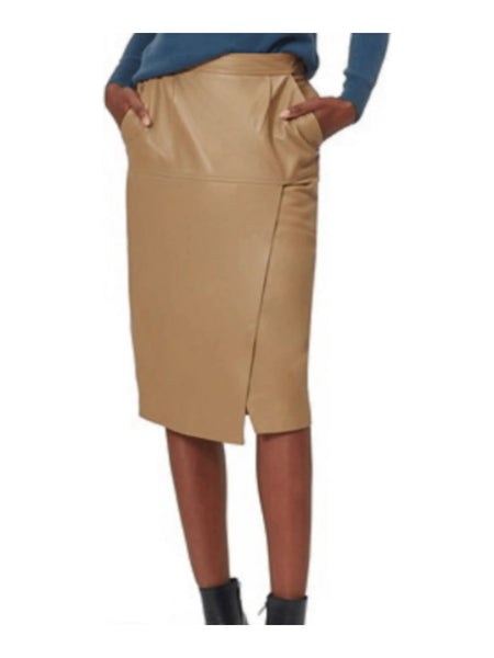 NOORA Womens Lambskin Beige Leather Side Slit Skirt , Below Knee Skirt With Pocket | Straight Skirt | Pencil Skirt | ST0117 — skirt-focused 2880 × 3840 studio hero — Noora International