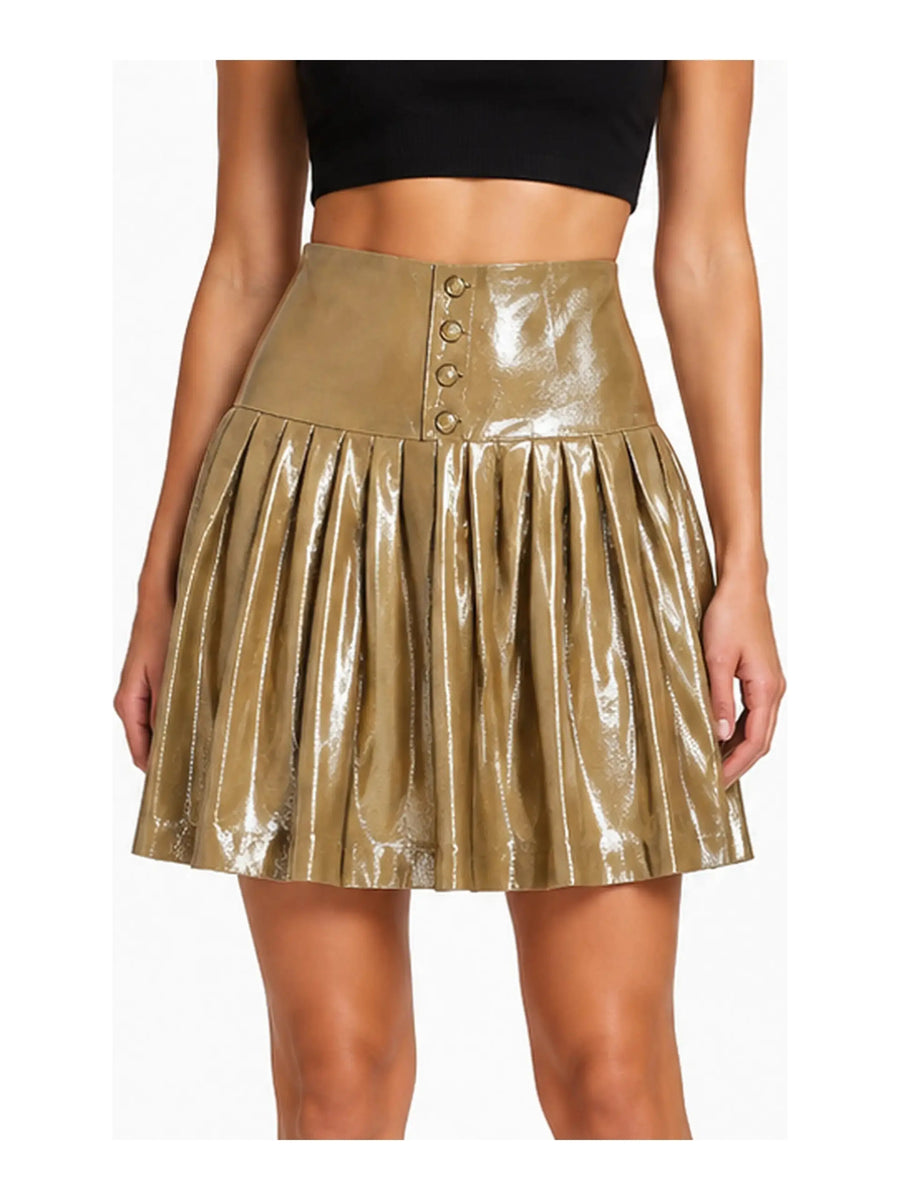 Women's metallic gold Lambskin Leather Skirt With Button Closure, Metallic Gold pleated leather