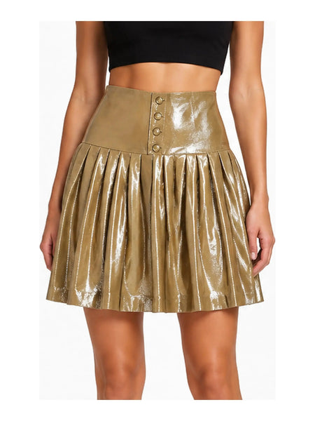 Noora Women's metallic gold Lambskin Leather Skirt With Button Closure | Metallic Gold  pleated leather skirt |SU0112 — skirt-focused 2880 × 3840 studio hero — Noora International