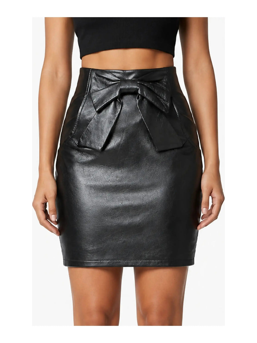 NOORA Womens Real Lambskin Black Leather Bow Skirt ,  Customize Leather skirt for Halloween Party | Club | Casual Wear | ST0118 — skirt-focused 2880 × 3840 studio hero — Noora International