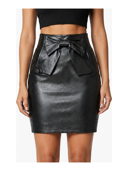 NOORA Womens Real Lambskin Black Leather Bow Skirt ,  Customize Leather skirt for Halloween Party | Club | Casual Wear | ST0118 — skirt-focused 2880 × 3840 studio hero — Noora International