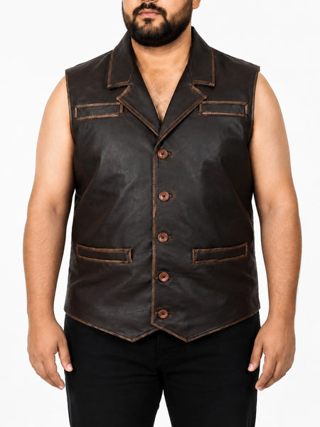 NOORA men's distressed brown leather vest — 2880 × 3840 studio hero