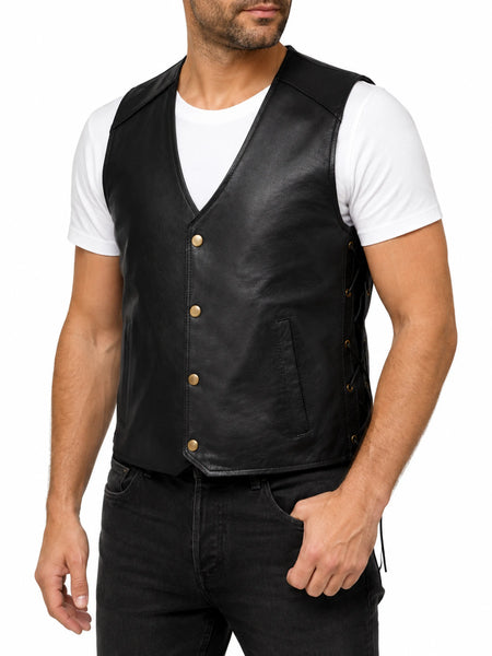 Men's leather vest on male model — 2880 × 3840 studio hero — Noora International