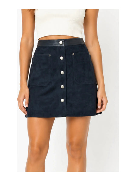 Women Leather TRIMMED Suede Mini Skirt Navy Blue Short MINI Skirt — skirt-focused 2880 × 3840 studio hero — Noora International