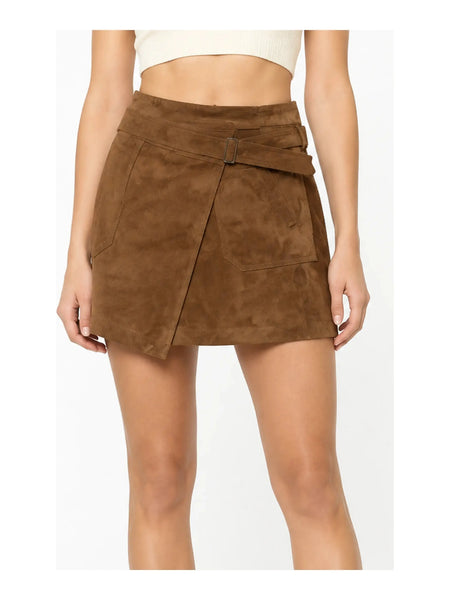Women's Suede Mini Skirt Leather WRAP LEATHER SKIRT Brown Wrap Mini — skirt-focused 2880 × 3840 studio hero — Noora International