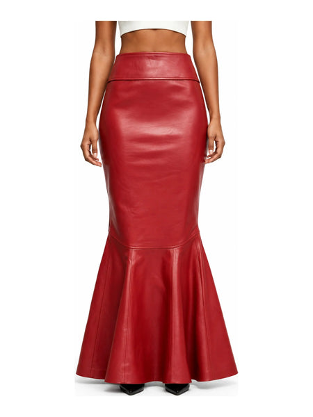 High Waist Mermaid Red Leather Skirt Fishtail Flare Midi Skirt — skirt-focused 2880 × 3840 studio hero — Noora International