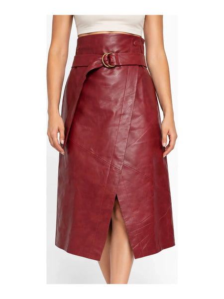 Asymmetric Draped Blood Red Leather Skirt Wrap Midi A-Line — skirt-focused 2880 × 3840 studio hero — Noora International