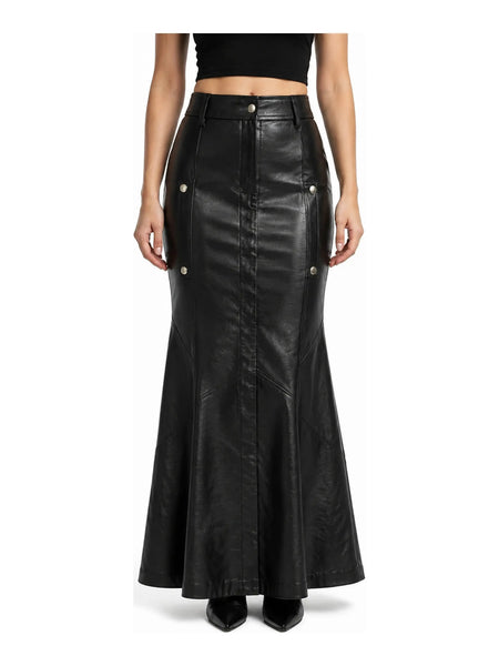 Black Long A-Line Bridal Leather Skirt Formal Maxi Skirt — skirt-focused 2880 × 3840 studio hero — Noora International