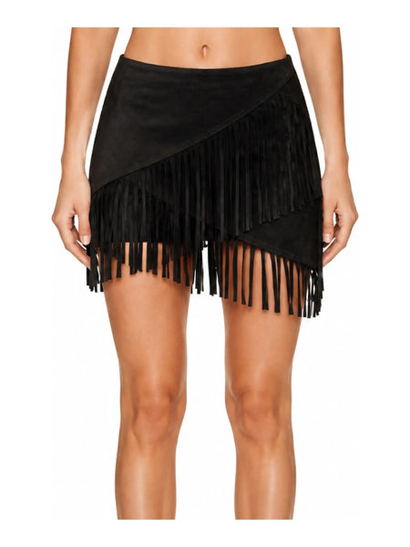 Women Western Fringe Black Suede Vest Mini Skirt Cowgirl — skirt-focused 2880 × 3840 studio hero — Noora International