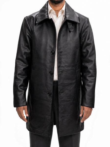 Mens Real Lambskin Leather Overcoat Handmade Classic Black