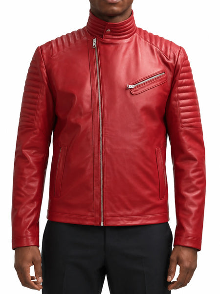 Mens RED Lambskin Leather Jacket Motorcycle Biker Classic