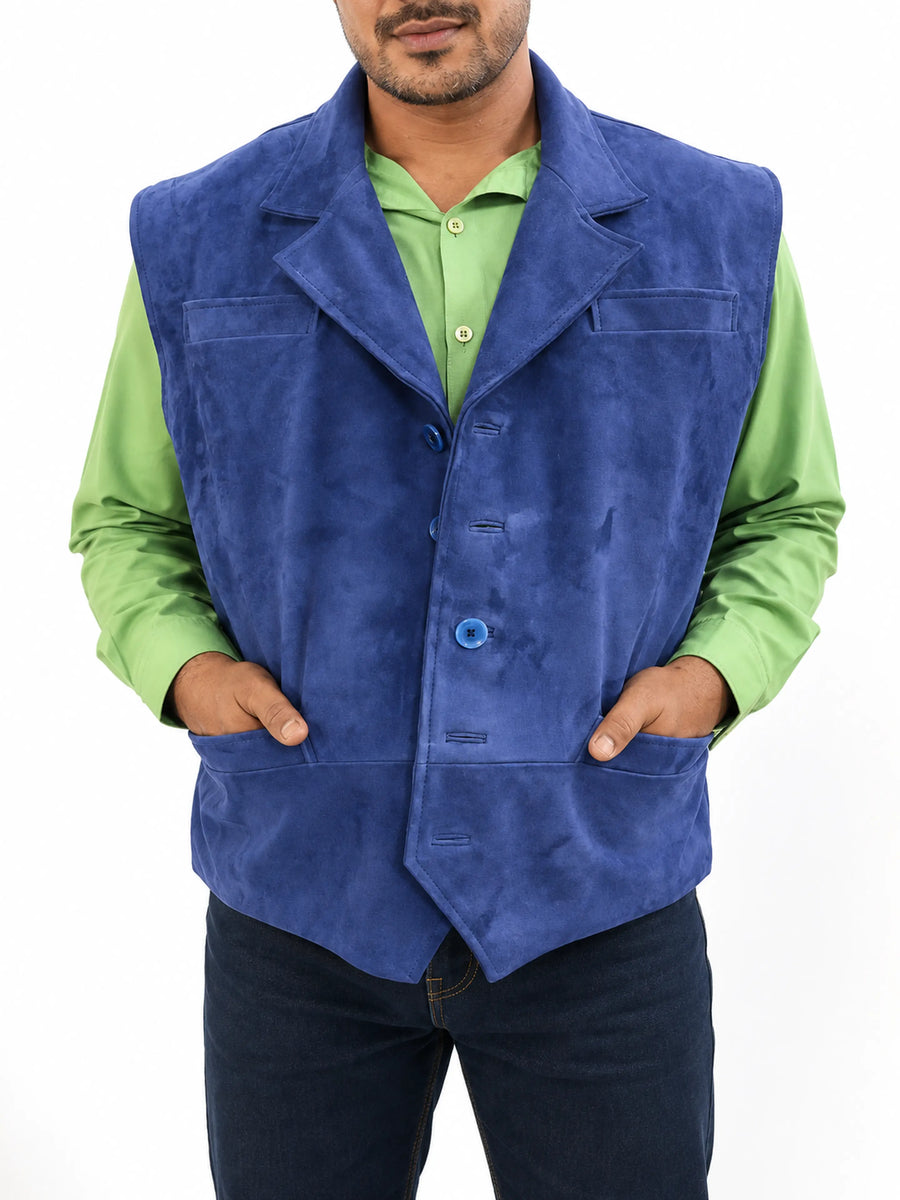 Men Blue Suede Cowboy Waistcoat Vest Blue Leather Vest Soft Leather