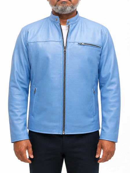 Mens Genuine Lambskin Sky Blue Leather Jacket Motorcycle