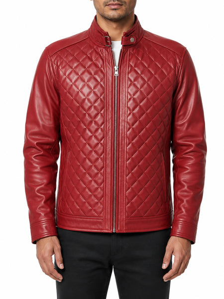 Mens Modern Stylish Diamond Stitch Quilted Red Leather