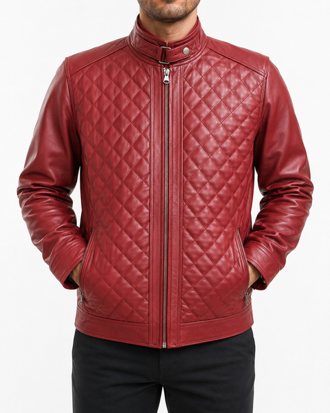 Men's red diamond quilted leather jacket