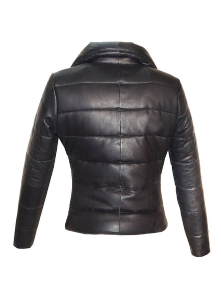 NOORA Womens Black Leather Puffer Quilted Jacket With Side Zipper & Pocket | Zip Up Leather jacket | JS34