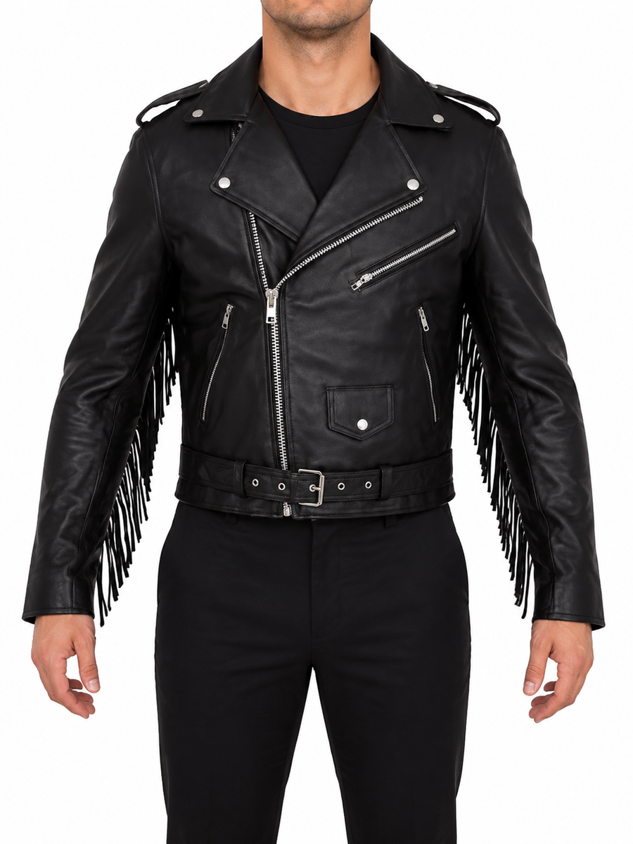 Mens Black Lambskin Leather Fringe Jacket, Belted Biker Fringe Leather Jacket With YKK Zipper