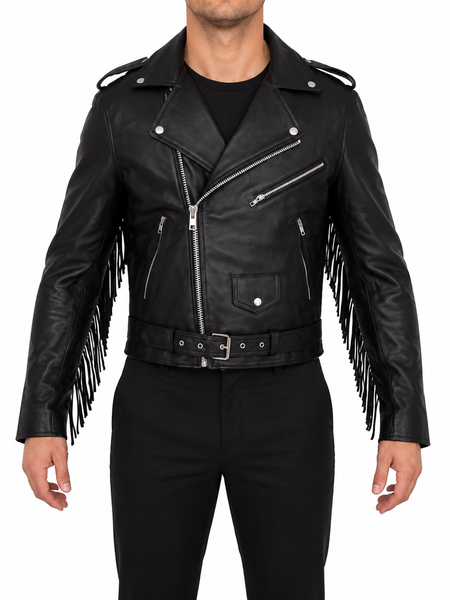 Noora Mens Black Lambskin Leather Fringe Jacket | Belted Biker Fringe Leather Jacket With YKK Zipper|  SU0847
