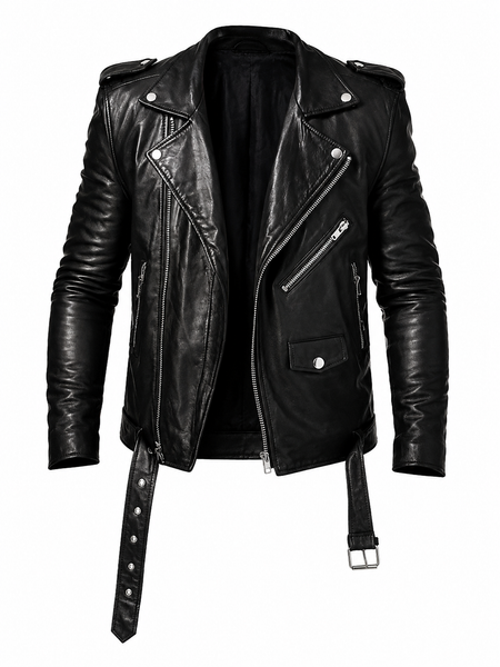 Mens Real Lambskin Black Leather Biker Jacket, Motorcycle Leather Jacket with Belted