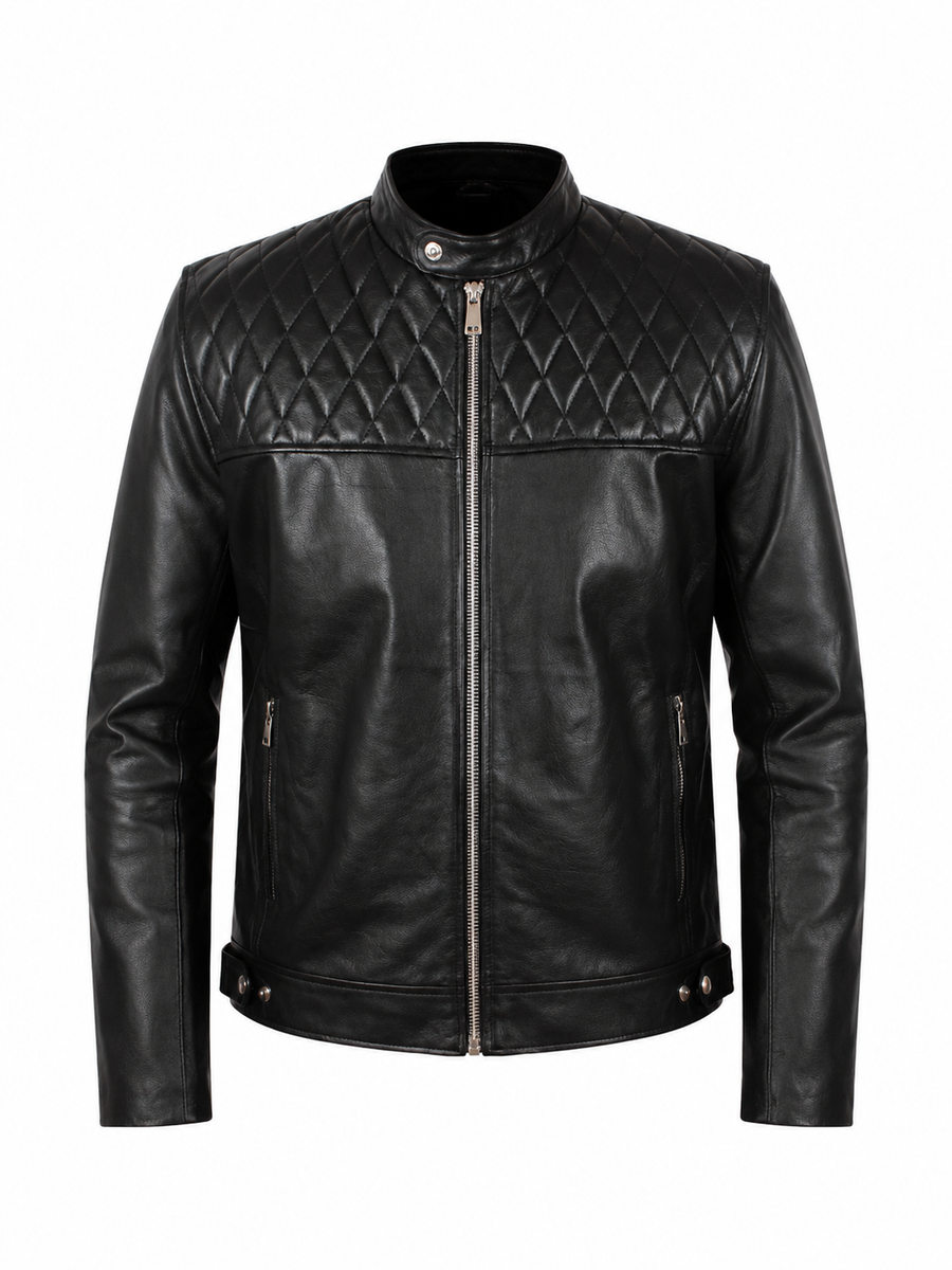 Men's Black Lambskin Leather Quilted Biker Jacket With Zipper Designer Quilted Leather Jacket