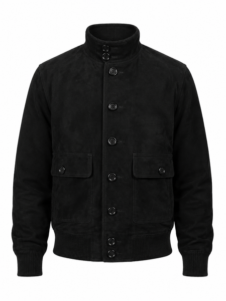 Noora New Men's 100% Real Lambskin Suede Black  Bomber Biker Motorcycle Jacket With Designer Button & Pocket SU071