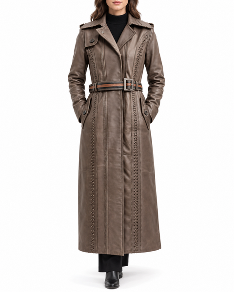 Brown Braided Stitch Leather Trench Coat – view 2