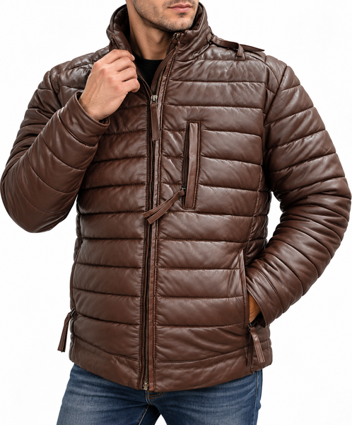 Men's Dark Brown Leather Windbreaker Biker Puffer Jacket