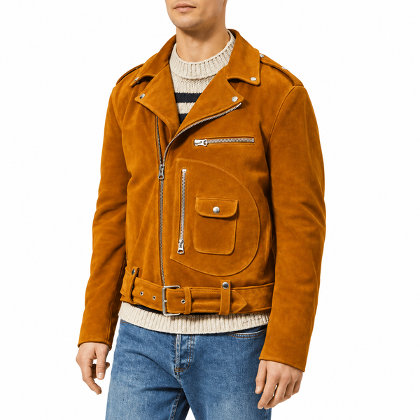 Men's Brown Tan Suede Vintage Biker Jacket With Zipper & Pocket, Belted Jacket