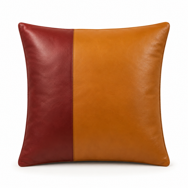 Noora Leather Cushion Cover, Maroon & Mango Tan Rectangle Lumbar Cover| Flag Designer Pillow Cover -UN022 (Copy)