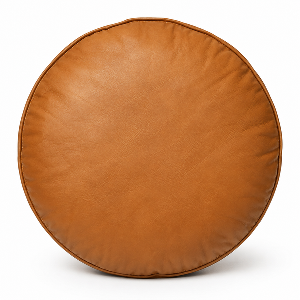 Noora LAMBSKIN Leather TAN ROUND Cushion Cover, Handmade Leather Cushion Covers, Soft Leather Round Pillow, Living & Home Decor, Throw Case Cover | RTS08