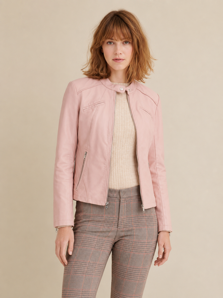 Noora New Womens Biker Jacket with collar Belt Baby Pink Lambskin Leather Jacket With Quilted Patches Yk095
