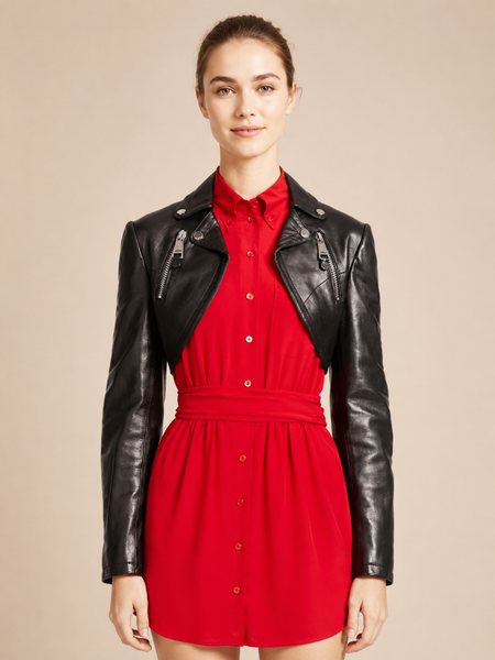 Noora NEW Real Soft Lambskin Leather Cropped Bolero Shrug Jacket Biker Jacket BLACK FOR Women & Girls Party Clubwear Jacket -UN07