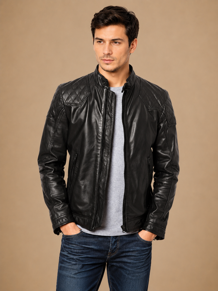 Men’s black leather jacket with quilted design