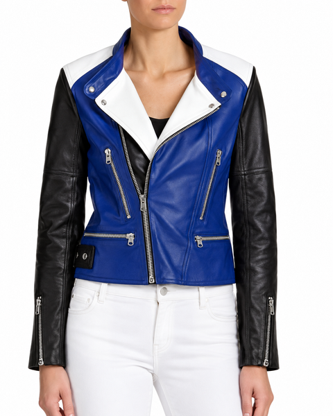 Womens Lambskin Leather Color Block Pattern Biker Jacket With Zipper & Pocket, Multi Color Jacket