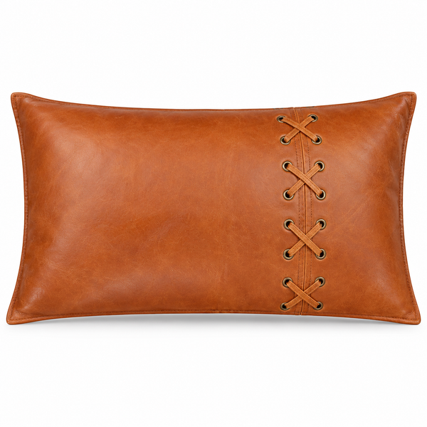 Burnt Rustic Tan & Black Criss-Cross Leather Pillow Cover