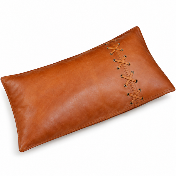 Burnt Rustic Tan & Black Criss-Cross Leather Pillow Cover – view 2