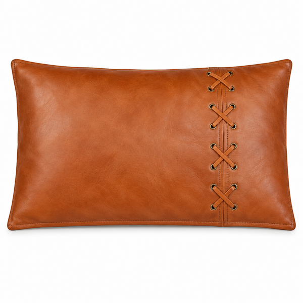 Burnt Rustic Tan & Black Criss-Cross Leather Pillow Cover – view 3
