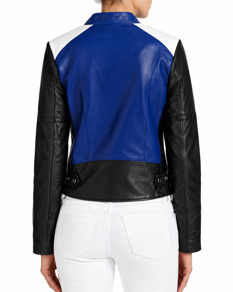 Womens Lambskin Leather Color Block Pattern Biker Jacket With Zipper & Pocket, Multi Color Jacket – view 2