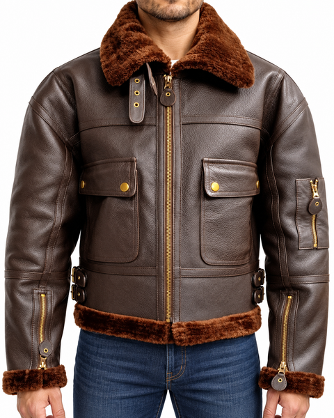 Men's Dark Brown Shearling Aviator Bomber Jacket