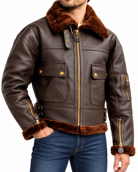 Men's Dark Brown Shearling Aviator Bomber Jacket