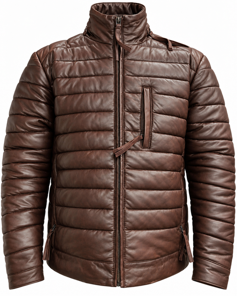 Men's Dark Brown Leather Windbreaker Biker Puffer Jacket